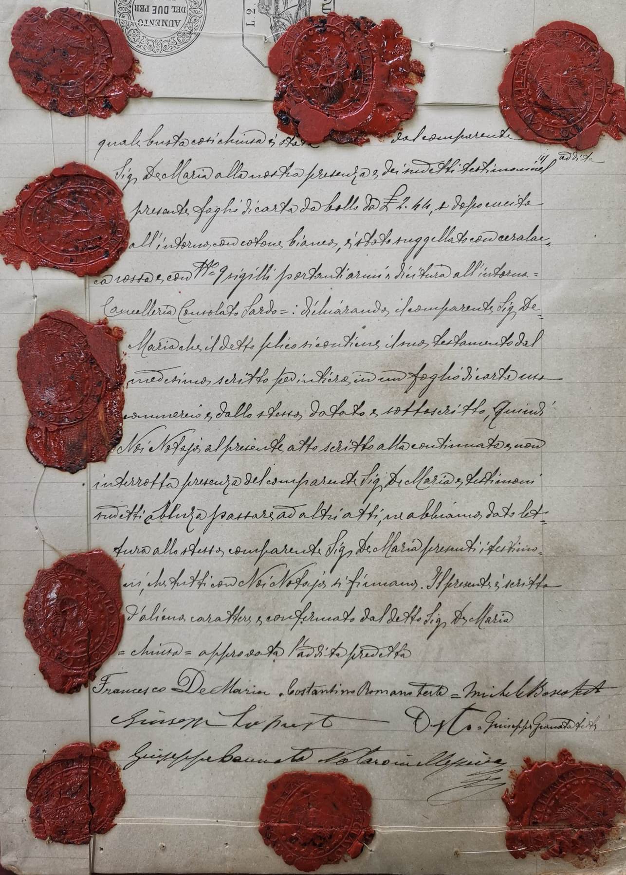 Fondo Notarile di Messina, not. Giuseppe Cannata, b. 9334, atto n. 2/325.
Atto di ricevimento del testamento segreto del cav. Francesco De Maria datato 12 marzo 1912.